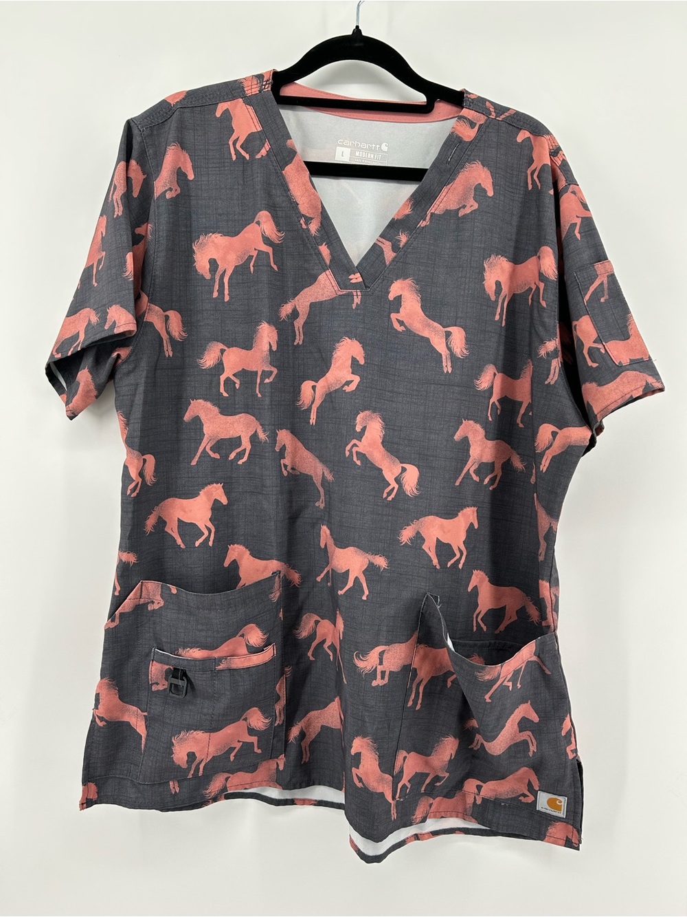 Carhartt Charcoal Scrub Top with Coral Horse Print